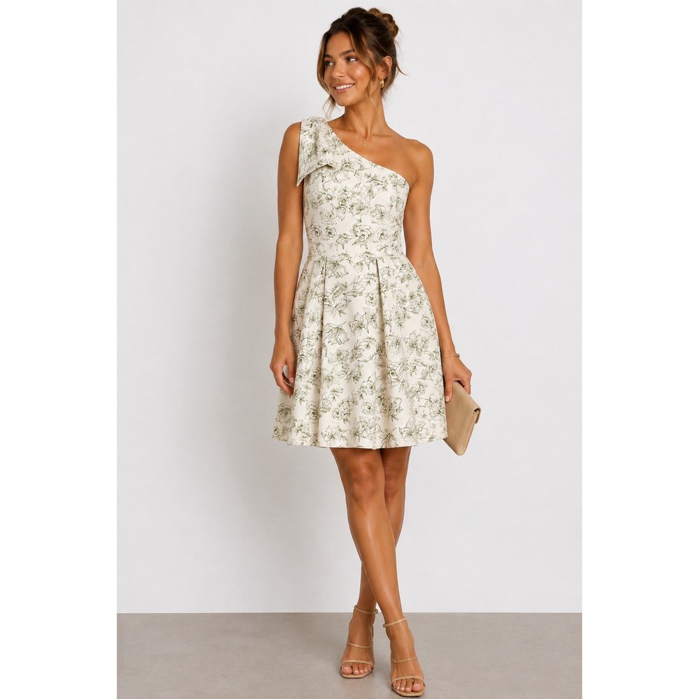 Gianni Bini One Shoulder Olive Green & Cream Floral Fit & Flare Dress  2 Wedding